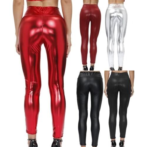 Sexy Shiny Metallic PU Leather Leggings 5 Colors Zipper Open Crotch Plaid Vinyl Pants Elastic Skinny Jeggings Night Clubwear