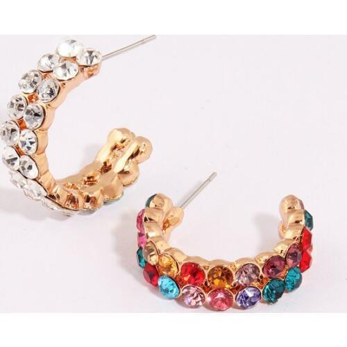 WELBACK Bohemia Multicolor Crystal Stud Earrings For Women C Shaped Gold Metal Shiny Rhinestone Earrings Jewelry Accessories
