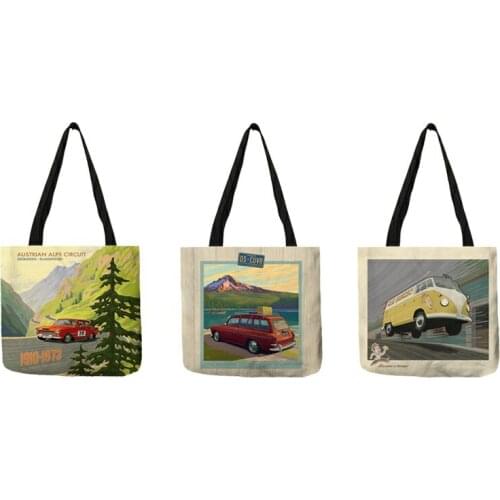 Japanese Style Retro Autos Print Tote Bags For Women Reusable Shopping Shoulder Bag For Groceries Large Capacity B13146
