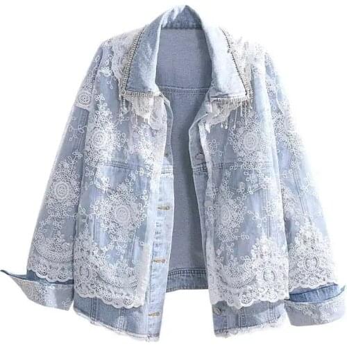 Womens Denim Jacket Spring Autumn 2021 New Fashion Heavy Industry Diamond Tassel Lace Splicing Denim Jacket Female Two-Piece