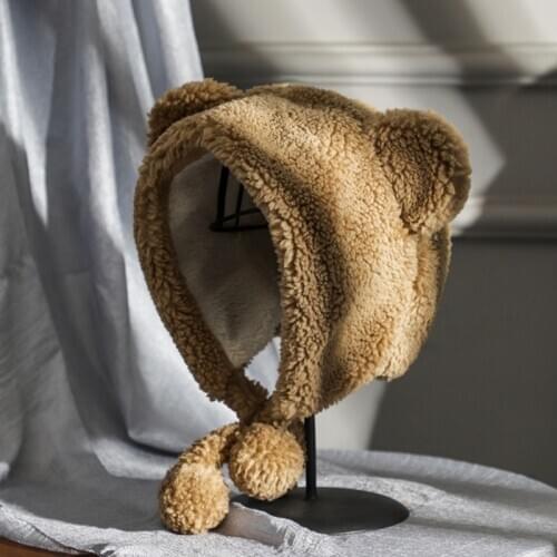 Women Winter Fuzzy Plush Earflap Hat Cute Cartoon Bear Ears Pompom Chin Strap Windproof Thermal Beanies Trapper Cap