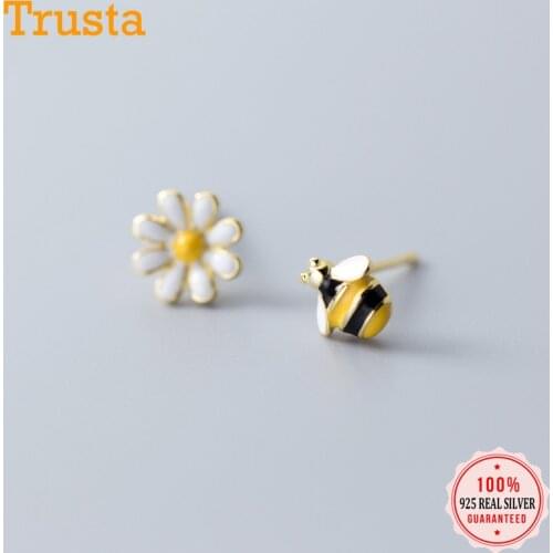 Trusta Genuine 100% 925 Sterling Silver Sweet Asymmetric Bee Flowers Stud Earrings For Women Fine Wedding Jewelry Gift DS1873