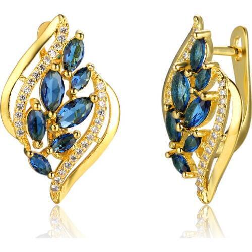 Blue Cubic Zirconia Leave Shape Hoop Earrings For Women Fashion Gold Color Earrings Wedding Jewelry Gift (EA103141)