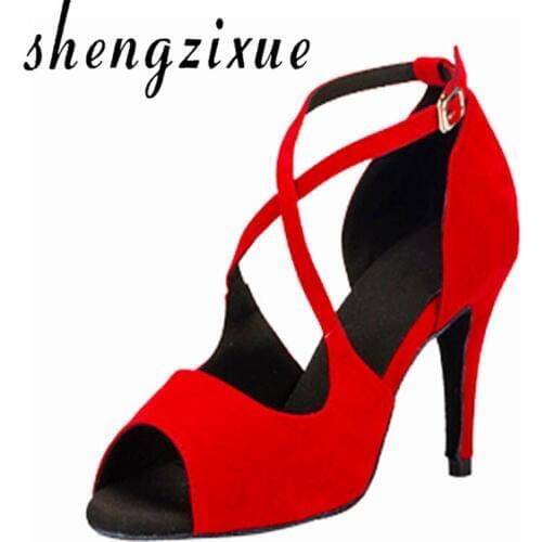Shengzixue red blue black velvet heels Latin dance shoes womens Wedding party Salsa dancing shoes soft outsole 8.5CM