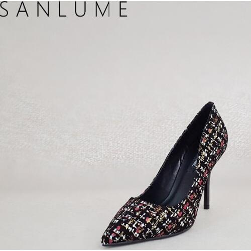 SANLUME Black Autumn Sheepskin Pumps Women Shoes Woman High Heels Office Ladies Elegant Stiletto Party shoes Pointed Toe Heel