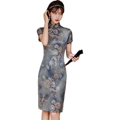 Women Short Sleeve Floral Print Slit Hem Brocade Chinese Cheongsam Midi Dress Traditional Chinese Clothing