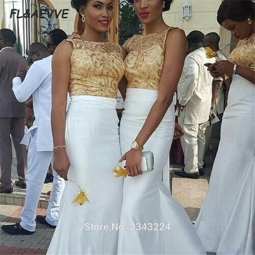 2021 Mermaid Gold Embroidery Bridesmaid Dress Long for Black Girl Appliques Lace Wedding Events Gown African Bridesmaids Dresses