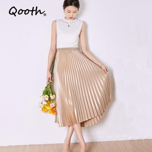 Qooth Satin Pleated Elegant Solid Skirt Summer Autumn High Waist Office Lady Skirt Elastic Waist A-line Mid-length Skirt QT837