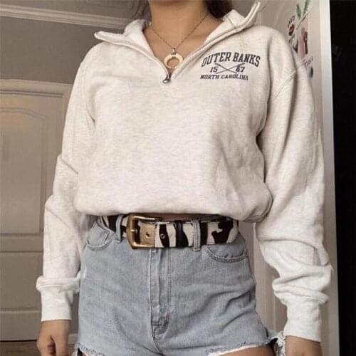 White Zipper Letter Print Vintage Sweatshirt Women New Oversized Hoodies Girls Winter Plus Size Pullovers Streetwear Office Lady