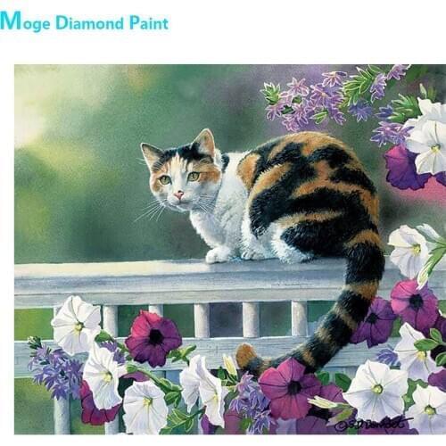 Flower Cat On Railing Diamond Painting Floral Animal Round Full Drill Nouveaute DIY Mosaic Embroidery 5D Cross Stitch Home Decor