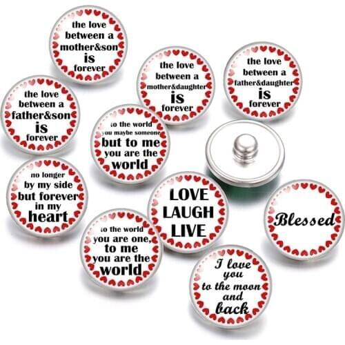 DB0423 Round Love laugh live Words 18mm snap buttons 10pcs mixed round photo glass cabochon style for snap button jewelry