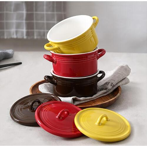 Souffled Baking Bowl Porcelain Baking Mold Creative Steamed Egg Stew Oven Pudding Dessert Bowl Baby Food Supplement Bowl+Lid