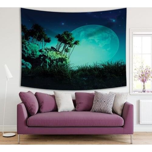 Tapestry Summer Sky Super Moon Stars over Colorful Fantasy Landscape with Palm Trees Grass Stones Art Green Blue
