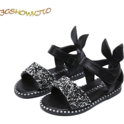 JGSHOWKITO 2021 Hot Sale Baby Girl Sandals Fashion Bling Shiny Rhinestone Girls Shoes With Rabbit Ear Kids Flat Sandals 13-22CM