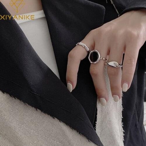 XIYANIKE 925 Sterling Silver Black Round Drop-shaped Irregular Ring Female Fashion Retro Rhinestone Temperament Handmade Jewelry