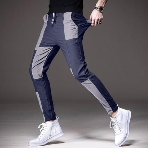Men Fashion Patchwork Casual Pants 2021 Summer Mens Slim Fit Cotton Drawstring Trousers