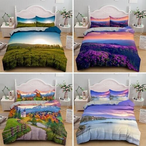 3D Landscape Bedding Set Mountain Tree Printed Scenic Sunset Duvet Cover With Pillowcases For Home Bedroom Twin Queen King Size