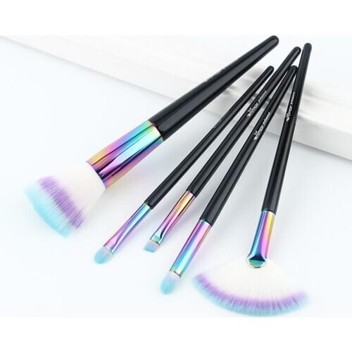 Anmor 5 Pcs Rainbow Makeup Brushes Set High Quality Foundation Fan Brush Wood Handle Duo Fiber Eyeshadow Brush Make Up Tools