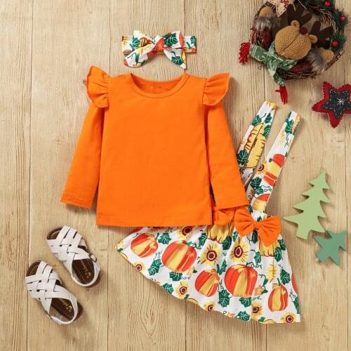 New Girl\s Skirt Clothes Set Three Piece Suit Casual Long Sleeve T-shirt and Pumpkin Print Suspender Skirt with Headband