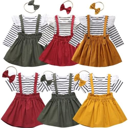 2021 New Spring summer Fashion Toddler 3Pcs Baby Girls stripe Small flying sleeveT-shirt + Suspender Skirt Set Outfits For1-5Y