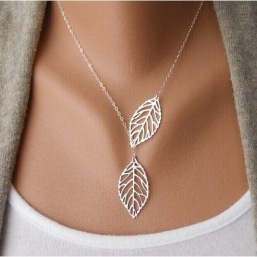 New Trendy Vintage Double Leaves Necklaces Clavicle Chain Women gold sliver plated Fashion Jewelry