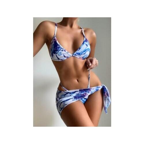 New Sexy Tie Dye Thong Bikini Women Swimwear Three-pieces Bikini Set with Sarong Suit 2021 New Style Swim Cn(origin) Polyester