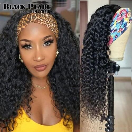 Black Pearl Kinky Curly Headband Wig Human Hair Wig Human Remy Hair Scarf Wig Glueless Deep Curly Wig Headbands For Women