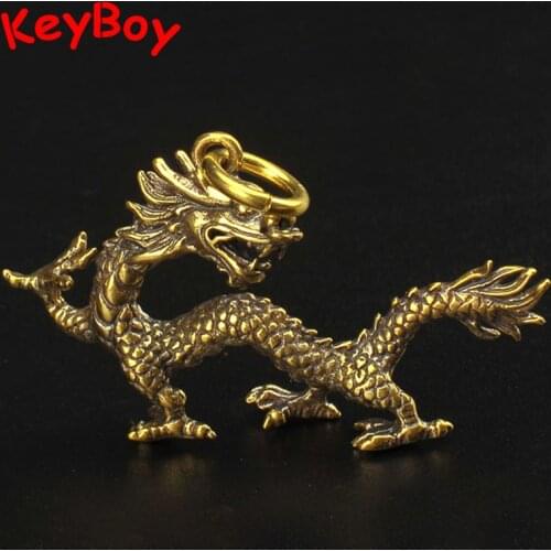 Retro Copper Chinese Dragon Keyrings Hangings Trinkets Brass Mythical Zodiac Animal Dragon Key Chain Rings Pendants Men Keychain