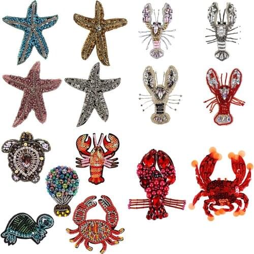 Handmade Turtle Lobster Crab Sea Stars Beaded Rhinestones Patches Sew on Sequin for clothing Shoes Applique Badge 2pcs TH2289