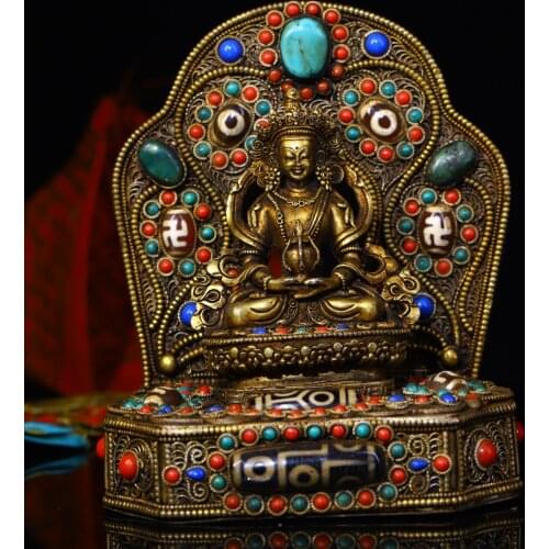 Tibet Temple Collection Old Tibetan silver Filigree Gilt mosaic gem Dzi Bead Longevity Buddha Backlit sitting Buddha Town House