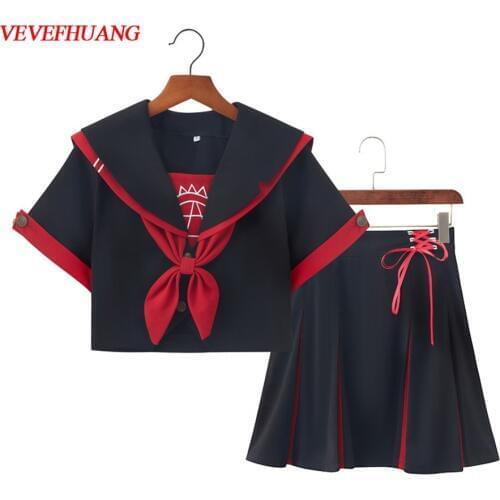 VEVEFHUANG Students JK Uniform Lolita Top Shirt Skirt School Kawaii Girls Cute Bowtie Cosplay Costume Long Sleeves Blouse Hallow
