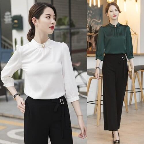 Fashion Summer Pantsuits Women Work Blouses & Shirts Half Sleeve Shirts Ladies 2 Piece Pant and Tops Set White OL