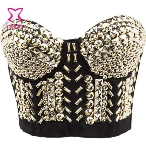 Punk Gold Resin Gems Beading Bralette Crop Top Belly Dance Club Wear Strapless Bustier Push Up Bra Sexy Underwear Bras For Women
