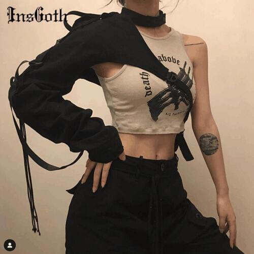 InsGoth Women Streetwear Punk Crop Tank Tops Patchwork Long Sleeve Tops Summer Print T-shirts Gothic Style Hipsters Tops