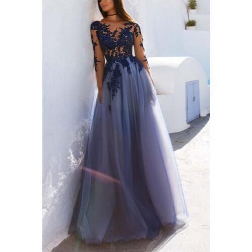 Backless Prom Dresses A-line Long Sleeves Tulle Lace Beaded Party Maxys Long Prom Gown Evening Dresses Robe De Soiree