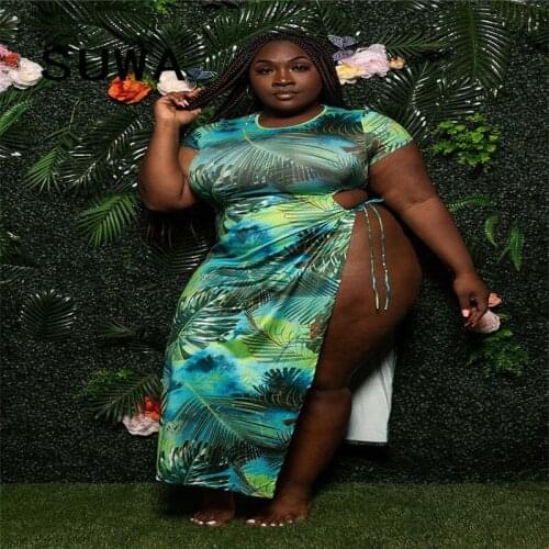 Leaf Print Women O-neck Short Sleeve Ankle-Length Dresses 2021 Summer Sexy Holiday Beach Fashion Style Lace-up High Split Dress