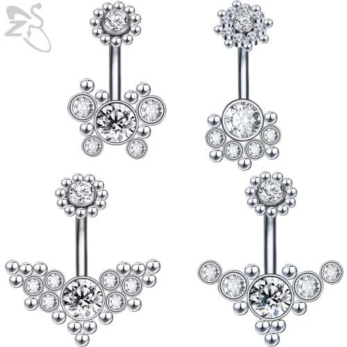 ZS 1 Piece Shiny CZ Crystal Navel Belly Button Ring Wing Flower Shape Belly Rings Stainless Steel Belly Piercing Body Jewelry