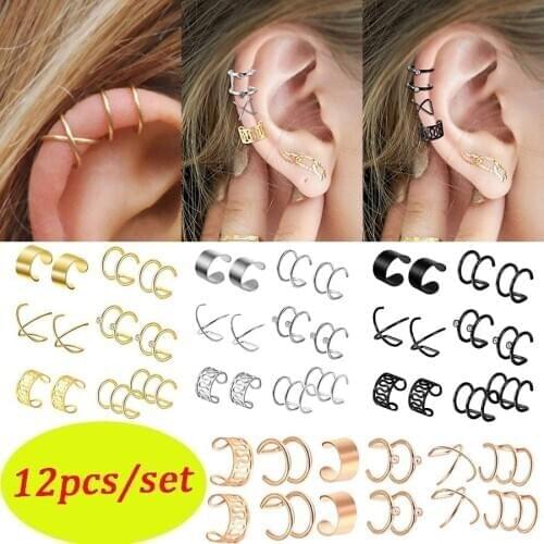 12PCS/Set Stainelss Steel Clip On Ear Cuff Earring Fake Cartilage Earring Lot No Piercing Clip On Earrings Set Earcuff For Women