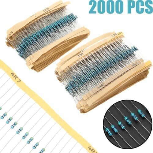 2000pcs 100 1/4W Metal Film Resistor Values 1 Ohm~1M Ohm Metal Film Resistors Resistance Assortment Kit Electrical