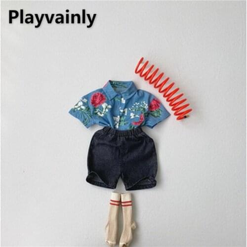 2021 Baby Boy Girl Sets vintage style flower short sleeves shirt + denim shorts 2 Piece Suit boy Clothes E100174