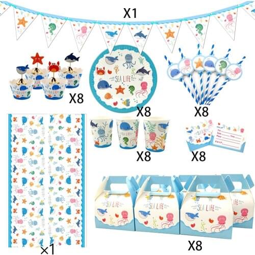 58Pcs for 8kids Sea Life Marine Animals theme birthday party supplies tableware set, plate+straw+glass+candybox+invitations ect
