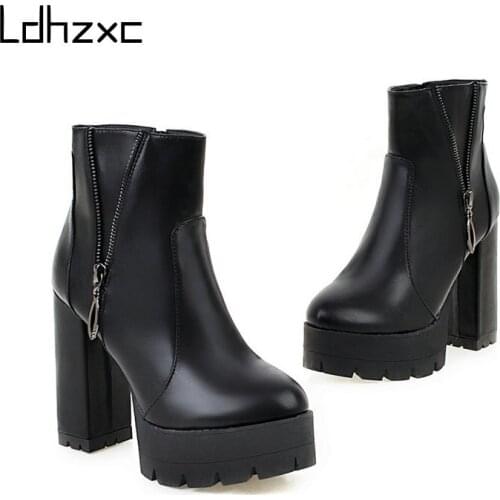 LDHZXC Pu Leather Boots Women Ankle Boots Platform Sexy Female Autumn Winter High Heels Botas Mujer