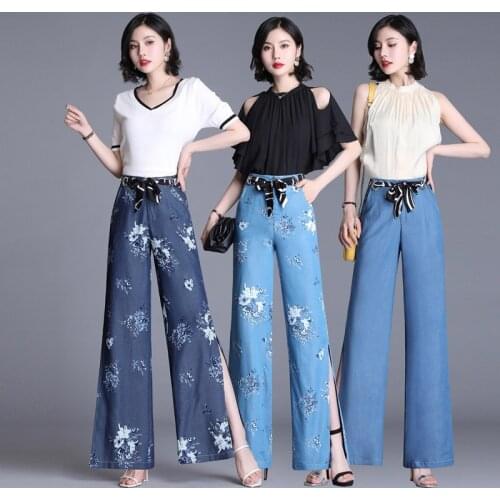 Summer new printing Tencel wide-leg pants womens loose high waisted jeans women jeans straight big feet flower pants mom jeans