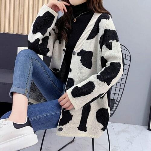 Heliar Women Autumn Cardigans Cow Pot Women Pattern Casual Loose Fashion Sweaters Coats Femme Winter Knit Button Up Cardigans