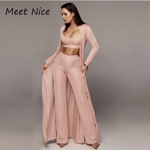 3 Three Piece Set Women Ribbed O Neck Crop Top Long Pants Set and Coat Sets Spring Long Sleeve Tracksuit Women Conjunto Feminino