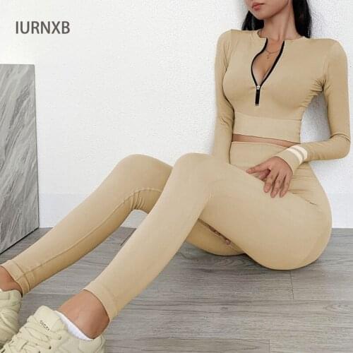 Women Yoga Sets Zipper V-neck Long Sleeve Autumn Tight Trousers Running Clothes Sport Gym Suits Wear