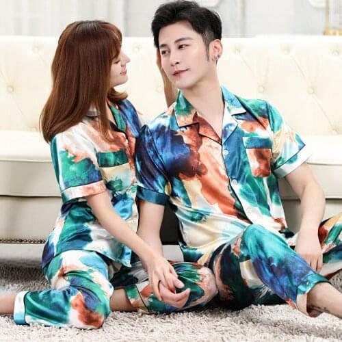 Summer Couple Men Women Tie Dye Printed Stain Lapel Short Sleeve Pants Sleepwear Lovers Female Pajamas Pyjamas Homewear