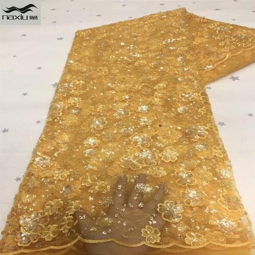 Madison 2021 Yellow French Nigerian Laces Fabrics Handmade Beaded Tulle African Lace Fabric For Wedding Dress