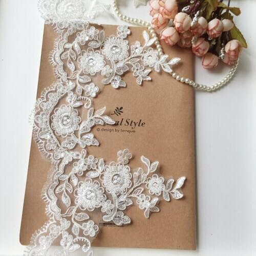 Fashion Wholesela Beaded Embroidered Lace Fabric Trimming With Cord Boarder For Wedding Dress DIY Veil Lace Trim 10 Yards