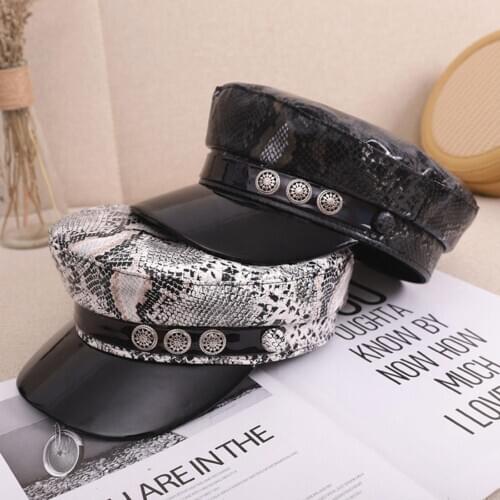 Fashion Women Snake Skin Spring Autumn Sailor Hats Black Ladies Beret Caps Flat Top Captain Cap Travel Cadet Octagonal Hat